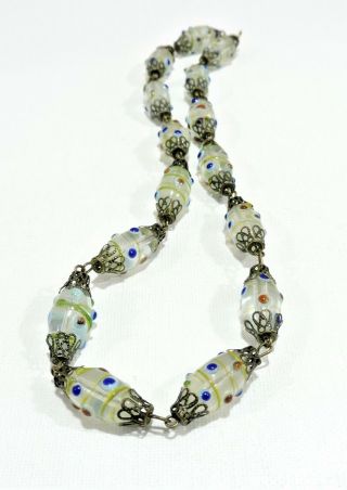 Vintage Clear Green Red Blue Bumpy Lampwork Art Glass Bead Necklace No19125