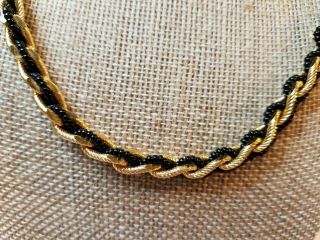 Vintage Trifari Black Glass Seed Bead Necklace And Gold Tone Cord Scb 503
