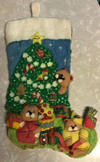 Vtg ‘80s Columbia Minerva Teddy Bear Christmas Felt Stocking 7584 Sequins Beads