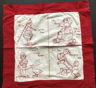 Vintage Hand - Sewn Embroidered Nursery Rhyme Pillow Case Red And White