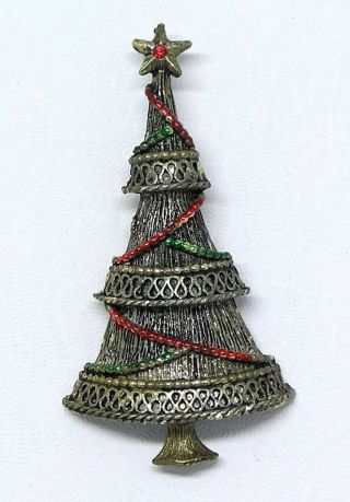 Vintage Christmas Pin Brooch Beatrix Tree Bronze Tone Red Green Enamel Garland