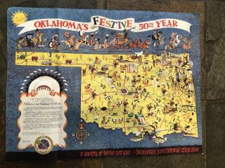 Vintage Oklahoma 50th Centennial Road Map Skelly Oil Gas Cartoon Map 1956 Hess