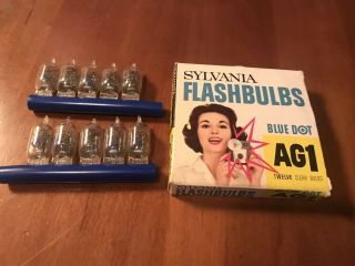 Sylvania Blue Dot Flashbulbs Ag1 (10 Bulbs Of 12) - Vintage Box 1960 