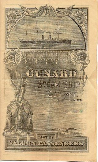 63347.  Cunard Steamship Co List Of Saloon Passengers Rms " Aurania " June 1st 1889