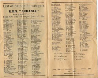 63347.  Cunard Steamship Co List of Saloon Passengers RMS 