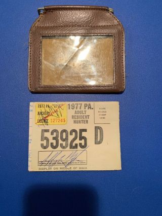 Vintage 1977 Pa Resident Hunter License In Tag Holder Pinned Pouch