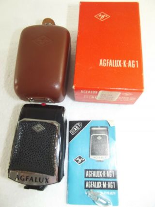 VINTAGE RARE AGFALUX TYPE 6077 FLASH BULB FLASH GUN IN CASE AND BOX 3