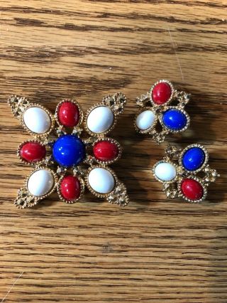 Vintage Sarah Coventry Brooch And Earring Set Red White And Blue Gold Tone
