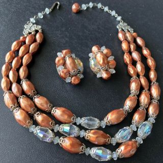 Vtg Triple Strand Amber Brown Bead Ab Crystal Necklace & Cluster Earring Set 814