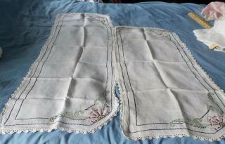 2 Vintage Linen Table Runners W Hand Embroidery & Hand Crochet Set
