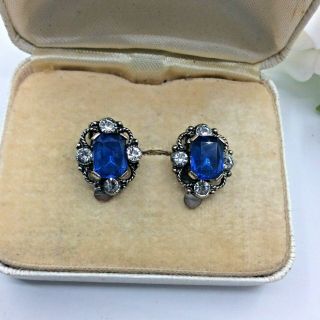 Vintage Jewellery Blue Crystal & Clear Rhinestone Silver Tone Clip On Earrings
