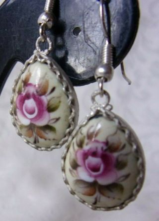 Vintage Hand Painted Roses Flowers Enamel On Copper Pierced Earrings Stunning