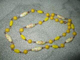 Vintage Murano Yellow & White Flowered Glass Beads 31 "