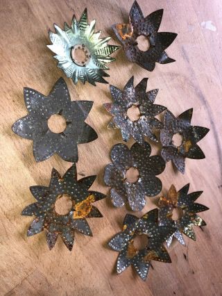 Vintage 9 Punched Tin Christmas Tree Light Reflectors Stars Rustic Old