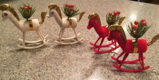 Vintage Red/ White Flocked And Gold Glitter Rocking Horse Ornaments/2 Cloth Deer