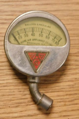 Vintage Acme Air Appliance Automobile Bicycle Baloon Tire Gauge 2 " Brooklyn Usa