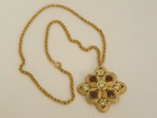 Signed Sarah Coventry Vintage Amber Rhinestone Goldtone Flower Necklace Pendant