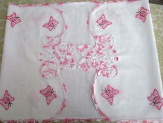 Embroidered Crocheted Vintage Pink Butterflies Table Runner Dresser Scarf