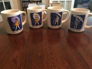 Set Of 4 Morton Salt Coffee Cup Rains Pours Mugs Vintage 1914 1921 1956 1968