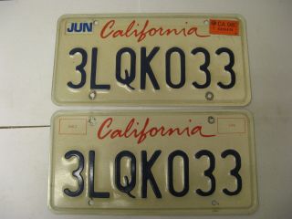 1998 98 California Ca License Plate 3lqk033 Pair