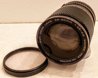 Sun Zoom Lens 28 - 80mm 1:3.  5 - 4.  5 Macro Mc With Filter Made In Japan Vintage Photo