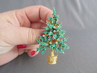 Vintage Mylu Gold Tone Green Enamel Blue Christmas Tree Pin Brooch