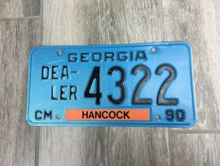 1990 Georgia Dealer License Plate Tag Light Blue Black Hancock Cm Orange Rare