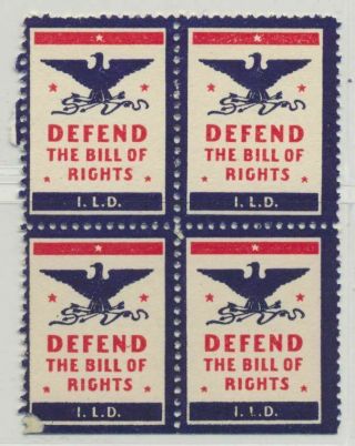 Usa Defend The Bill Of Rights Vintage Poster Stamp By I.  Ld.  Block Of 4 Mnh
