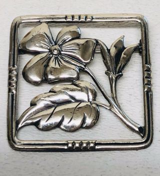 Vintage Art Nouveau Style Floral Flower Sterling Silver Square Dress Brooch