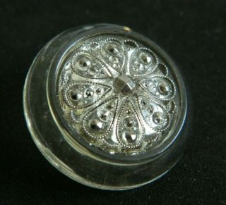 Unusual Vintage Detailed Clear Lacy Glass Button W Silver Luster In Acrylic