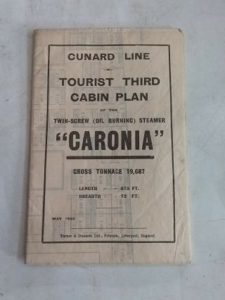 Cunard Line " Caronia " Tourist Third Cabin Plan 1930 Printed England In