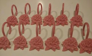 Set 12 Vintage Shower Curtain Hooks - Pink Roses - 1960s Retro