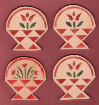 4 Vintage Wood Craft Shapes Tulip Basket Folk Art 2.  5 " Red Green Floral Flowers