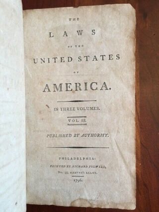Rare 1796 Laws Of The United States Of America Philadelphia,  Vol 3,  Us History