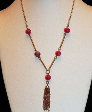 Vintage Sarah Coventry 1974 Red Glass Bead Necklace W Tassel 