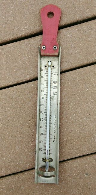 Vintage Candy Thermometer Red Wood Handle Kitchen Decoration Taylor Brand Silver