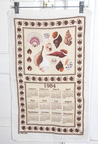 Vtg 1984 Calendar Kitchen Tea Towel Sea Shells All Pure Linen Graphic Border