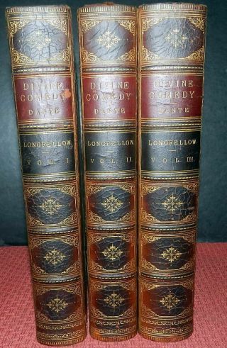 The Divine Comedy By Dante.  Longfellow Translation 1867 1sted 3 Quarto Vols Lthr