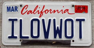 2016 California Vanity License Plate " Ilovwot " I Love Wide Open Throttle