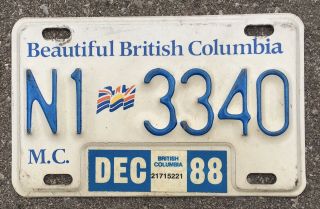 Authentic 1988 British Columbia Motorcycle License Plate Canada