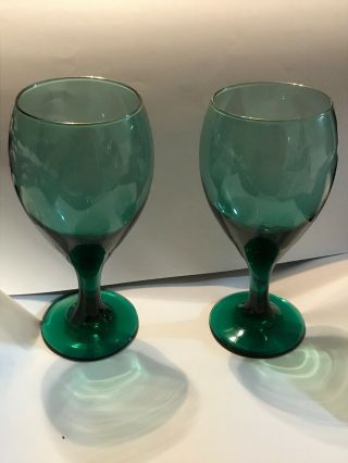 Vtg Set Of 2 Clear Emerald Green Gold Trim Rim Footed Stem Goblets Wine Glasses