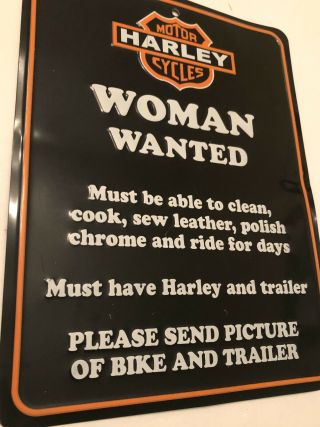 Woman Wanted Harley Motor Cycles Metal Embossed Garage Mancave Signs.