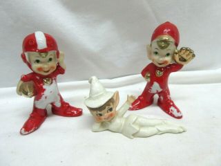 3 Vintage Christmas Pixie Elves Japan Porcelain Figurines