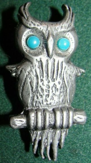 Vtg.  Silver Tone Owl Pin Signed J Ritter Turquoise Eyes 1 1/2 Inches Tall Brooch
