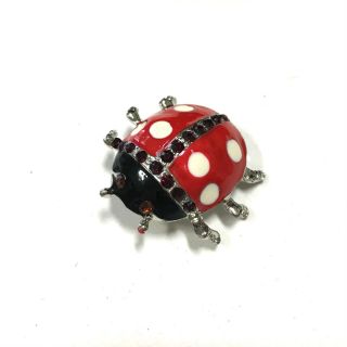 Vintage Red & White Polka Dot Enamel & Rhinestone Lady Bug Beetle Brooch Ii28e