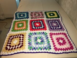 Vintage Handmade Crochet Granny Square Afghan Lap Blanket.  3ft X 3ft