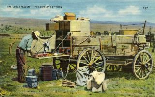 Vintage Postcard Old West Western The Chuck Wagon Cowboys Kitchen Linen 1940 