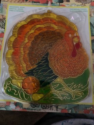 Vintage Plastic Stained Glass Sun Catcher Turkey Thanksgiving Deco.  - 1995