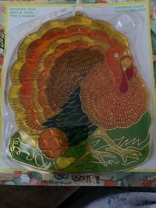 Vintage Plastic Stained Glass Sun Catcher Turkey Thanksgiving Deco.  - 1995 3