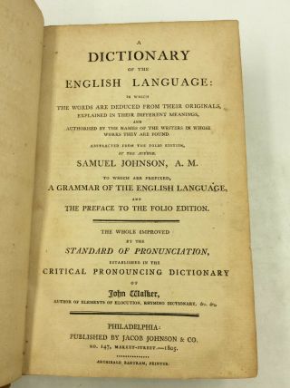 A Dictionary Of The English Language By Samuel Johnson - 1805 - 1st Am Ed